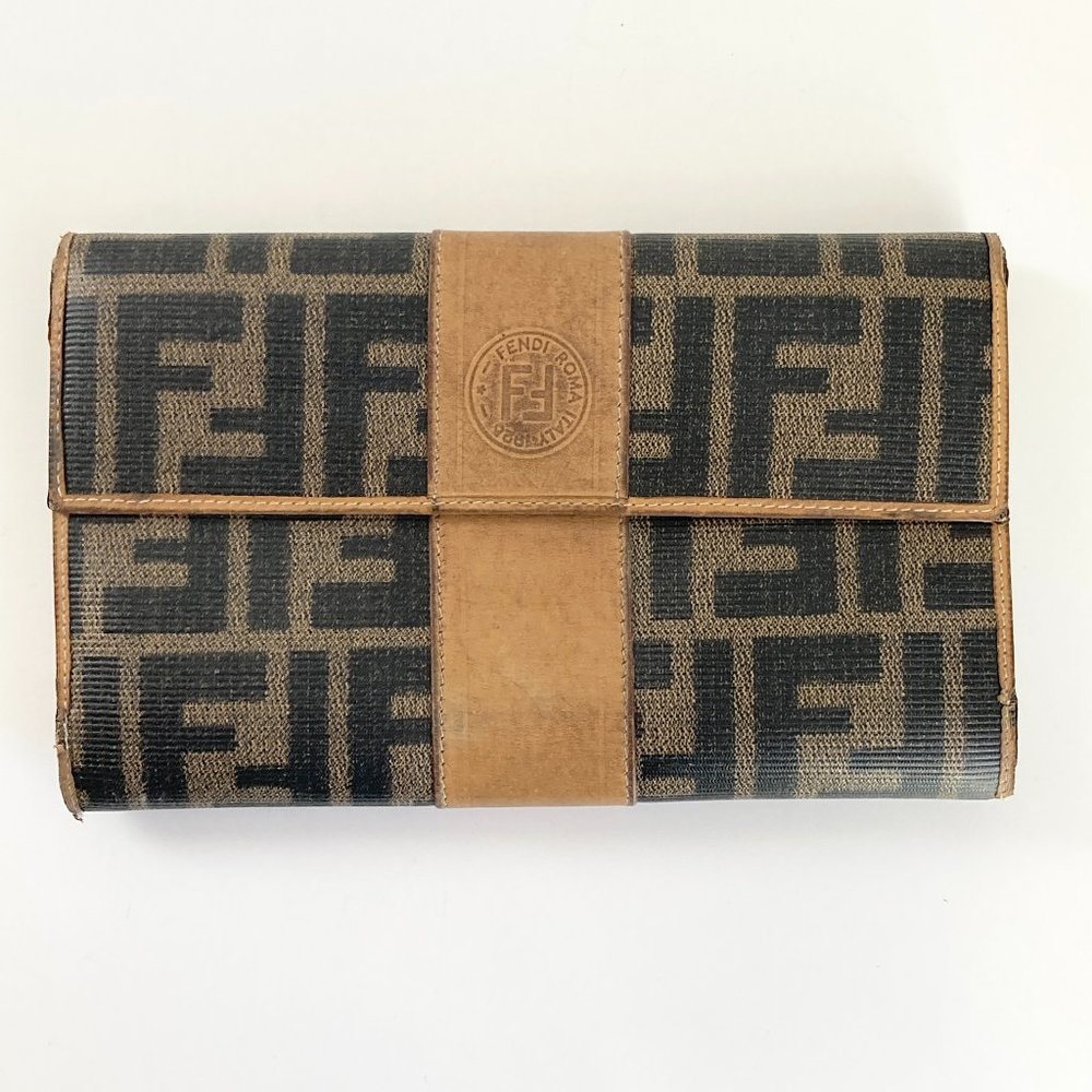Fendi Trifold Zucca Canvas Women's Wallet with Tan Leather Detailing & Serial #